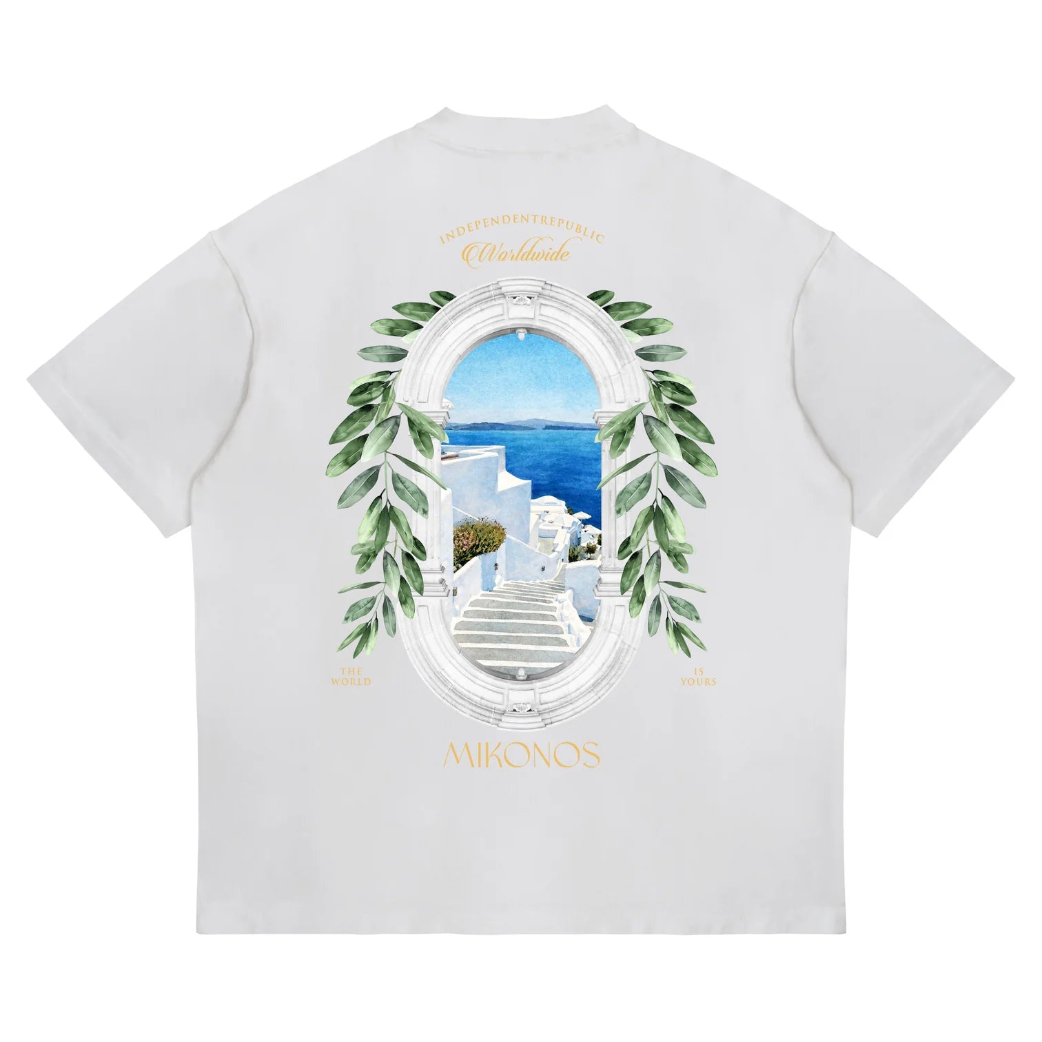 T-SHIRT MYKONOS BOXY/CROPPED FIT CON STAMPA SUL RETRO MYKONOS.BIA