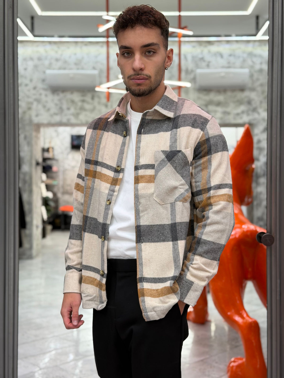OVERSHIRT A QUADRI IN FLANELLA CON TASCA A TOPPA LATO CUORE - REGULAR FIT CI1165SS.BEI