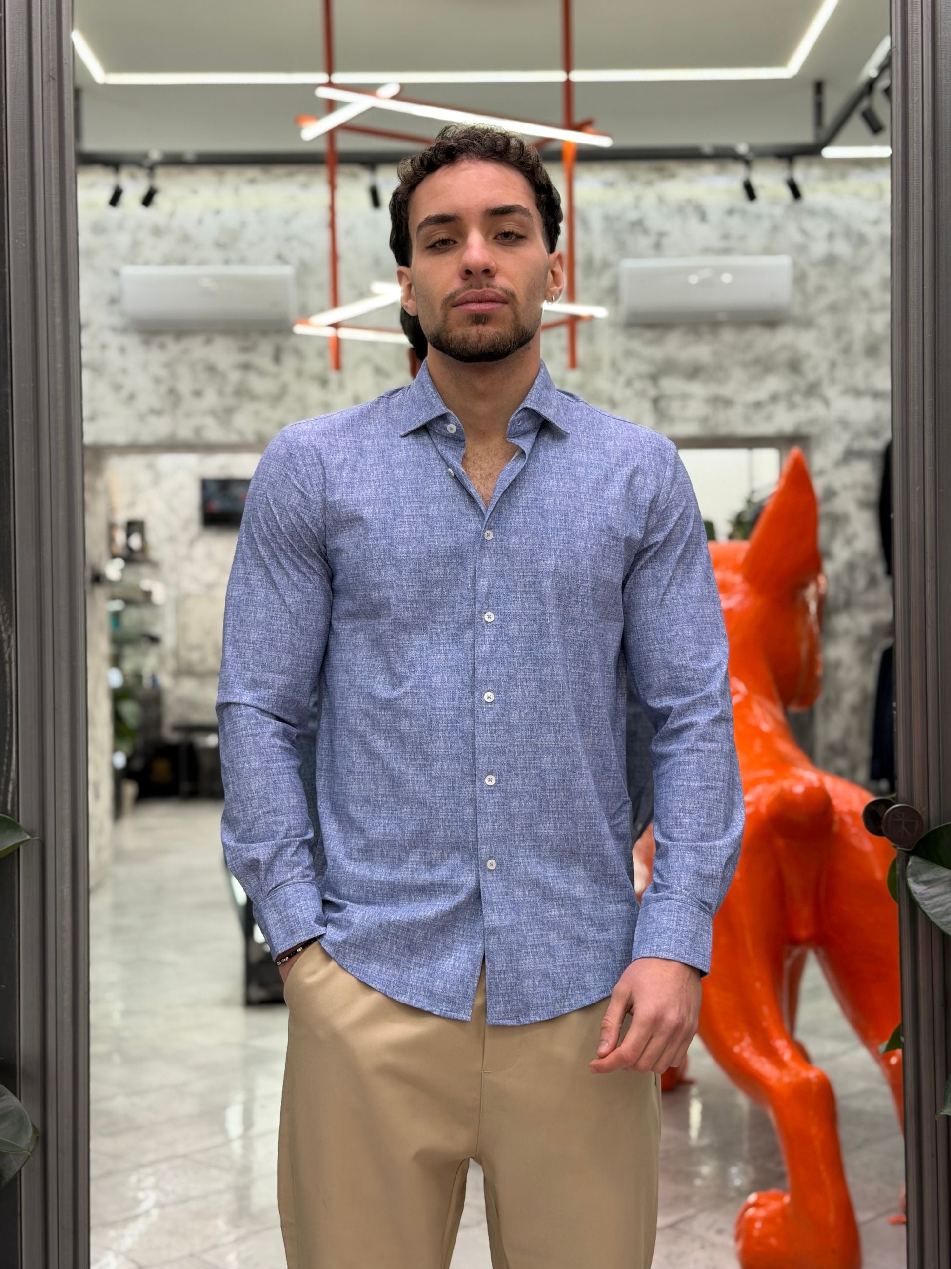 CAMICIA NO STIRO IN TESSUTO PREMIUM ELASTICIZZATO EFFETTO FIAMMATO - REGULAR FIT FIO4016.BLU