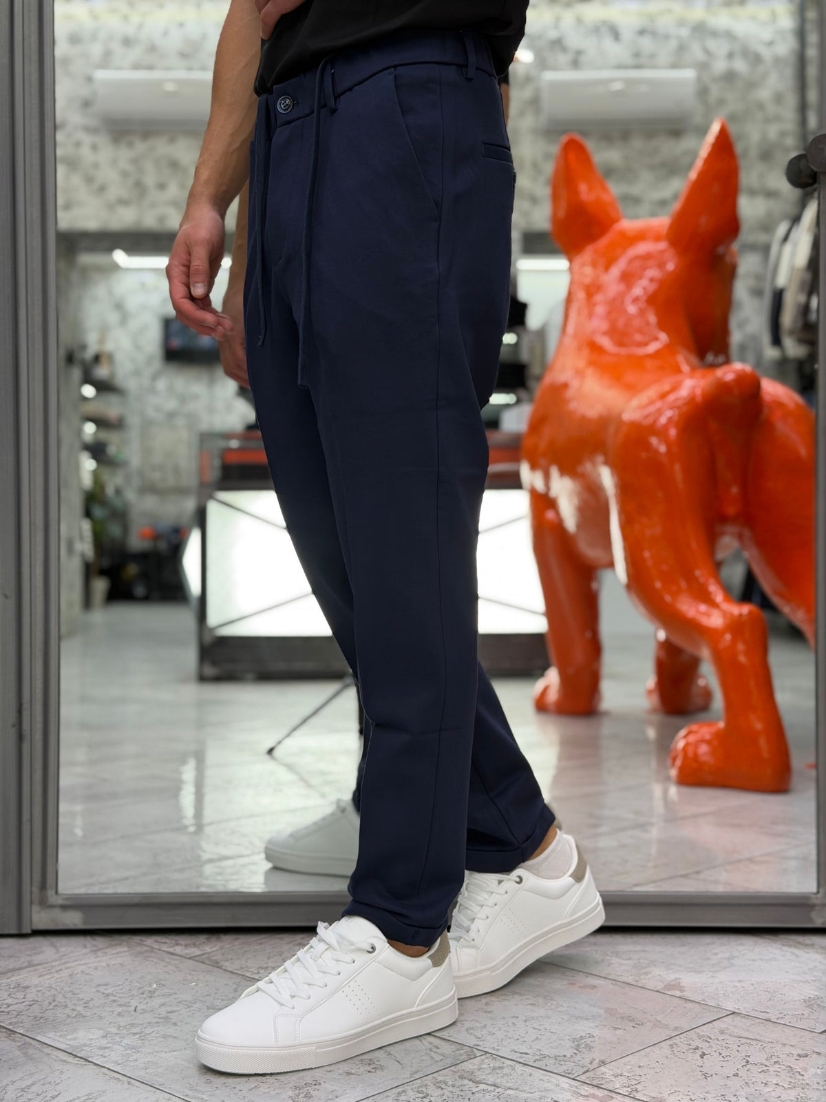 PANTALONE CASUAL IN TESSUTO PUNTO MILANO ELASTICIZZATO CON TASCA AMERICA E RISVOLTO AL FONDO - REGULAR FIT GL5248BD.BLU