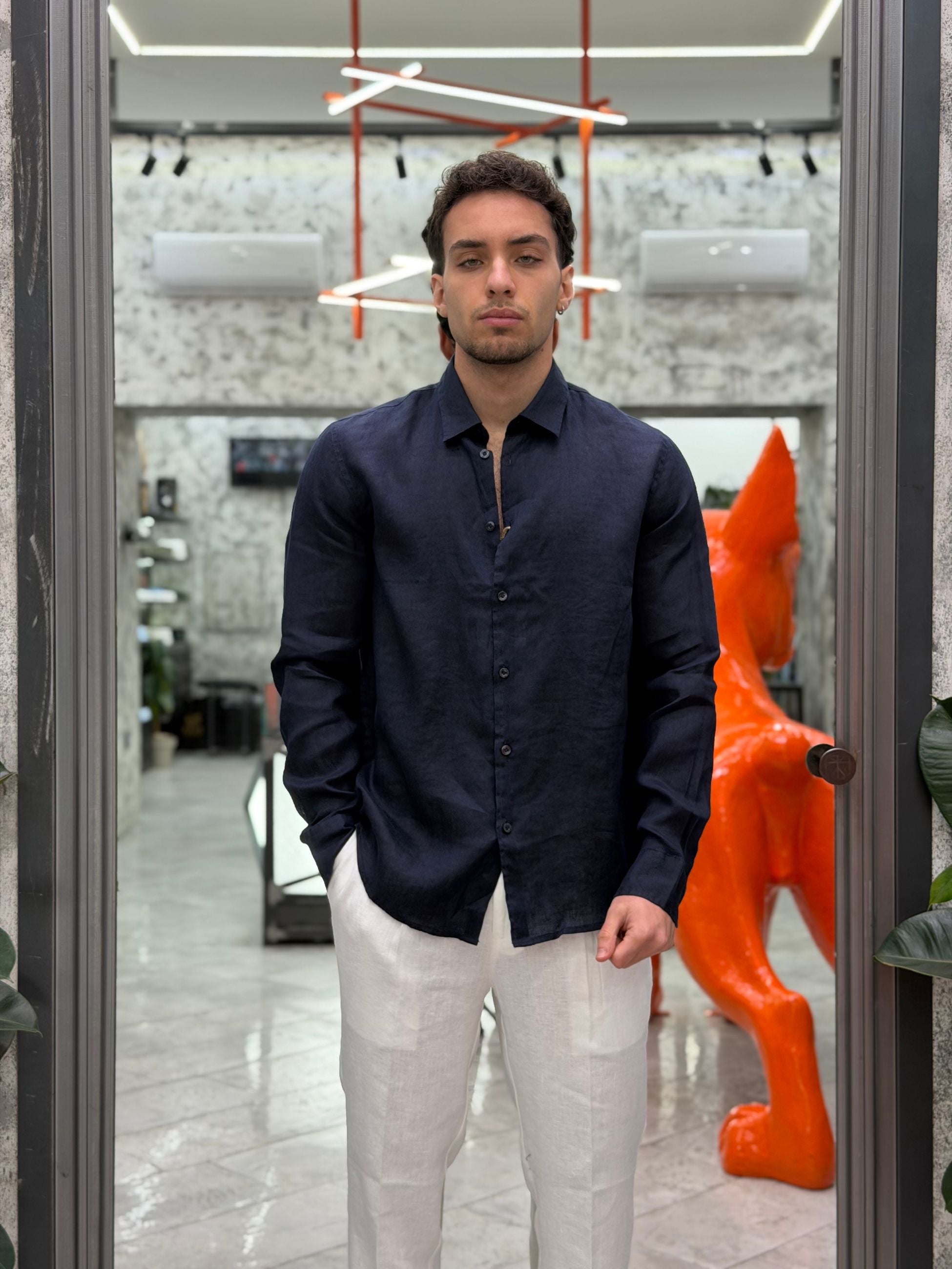 CAMICIA MANICA LUNGA COLLO ALL'ITALIANA IN 100% LINO - REGULAR FIT CE1081SS.BLU