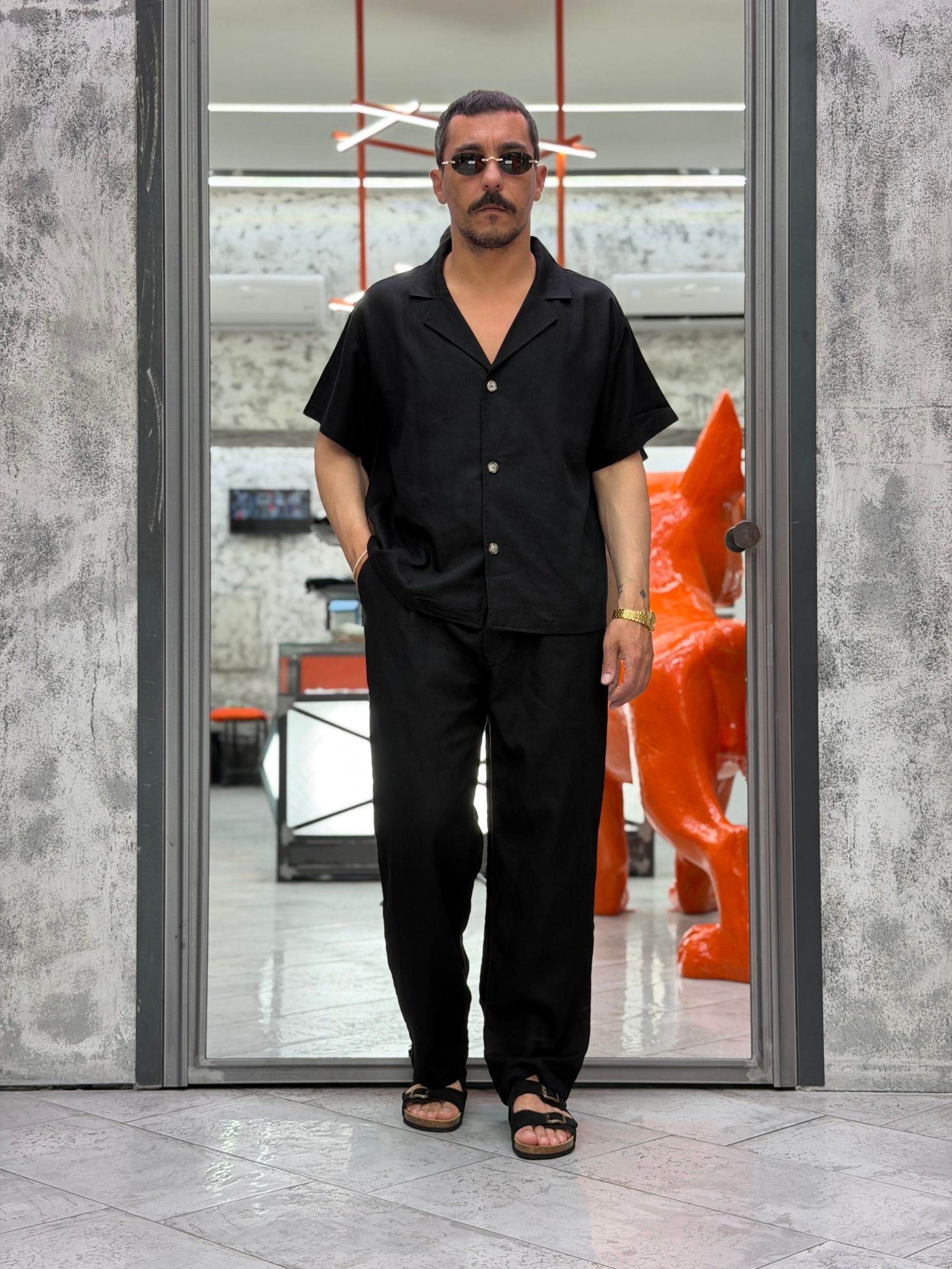 COORDINATO MYKONOS IN MISTO LINO CON CAMICIA CROPPED MANICA CORTA E PANTALONE RELAXED CORMYK.NER
