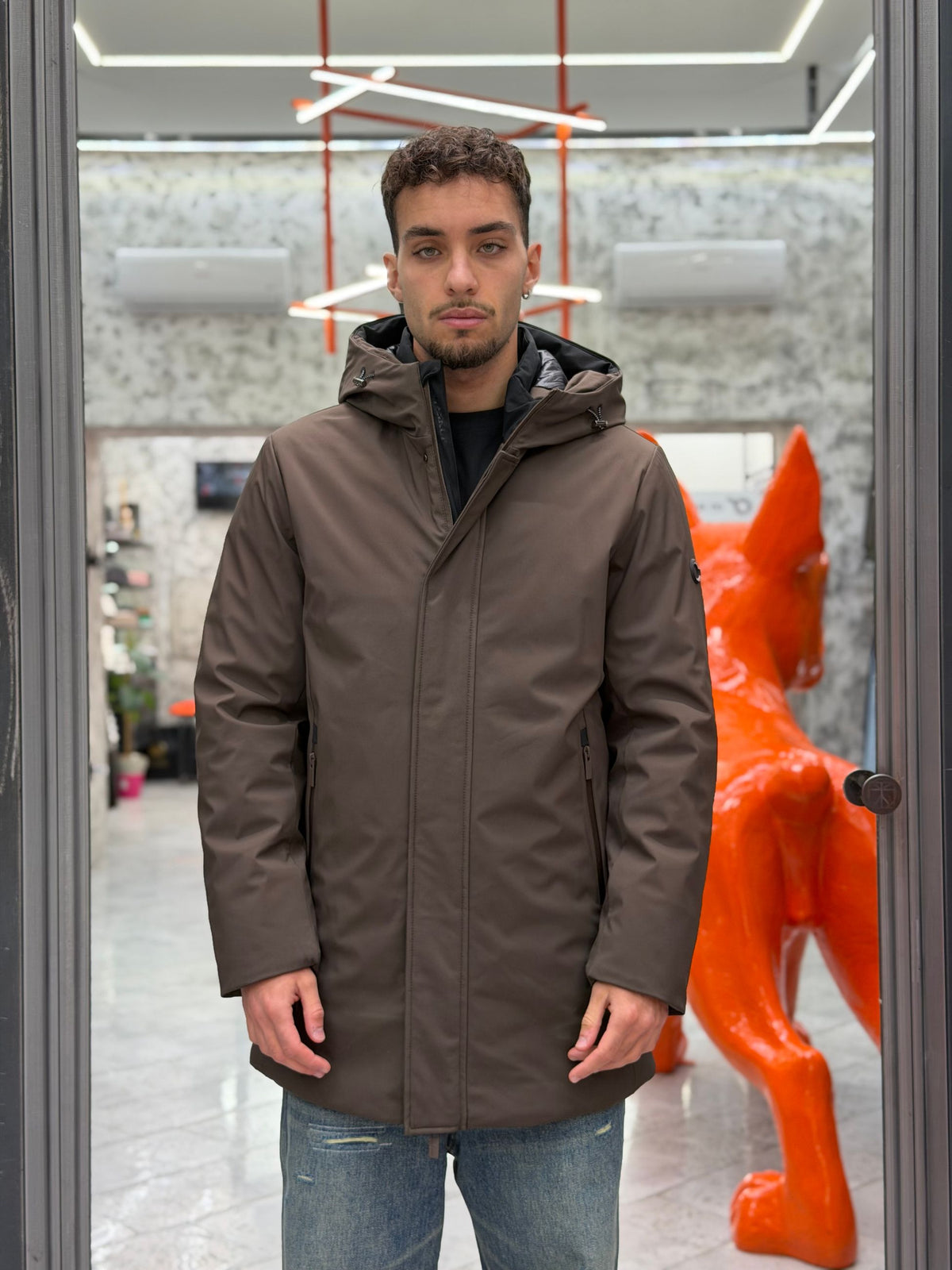 PARKA LUNGO CON CAPPUCCIO IN TESSUTO TECNICO WATERPROOF & WINDPROOF - REGULAR FIT MK24007-26.MOR