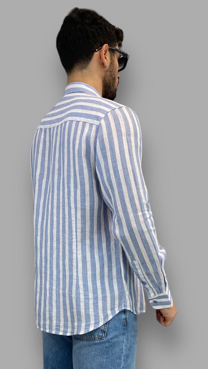 CAMICIA A RIGHE CON COLLO ALL'ITALIANA IN 100% LINO - REGULAR FIT