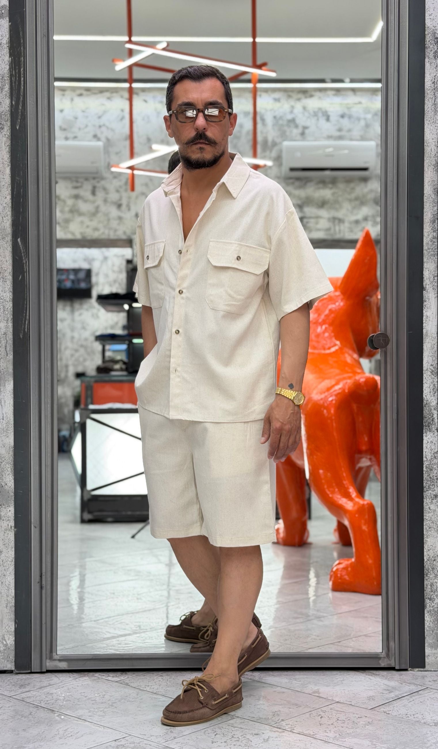 COORDINATO SANTORINI IN MISTO LINO CON CAMICIA TEXANA MANICA CORTA E BERMUDA MEZZO ELASTICO RELAXED FIT CORSAN.AVO