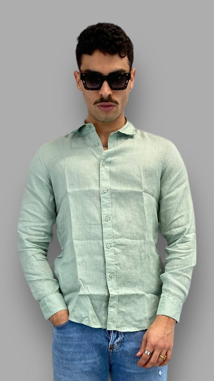 CAMICIA IN 100% LINO CON COLLO ALL'ITALIANA - REGULAR FIT