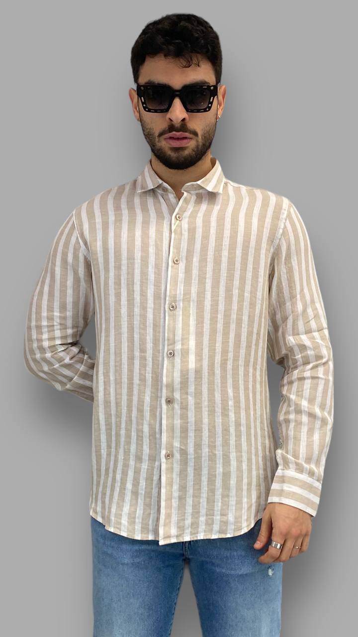 CAMICIA A RIGHE CON COLLO ALL'ITALIANA IN 100% LINO - REGULAR FIT