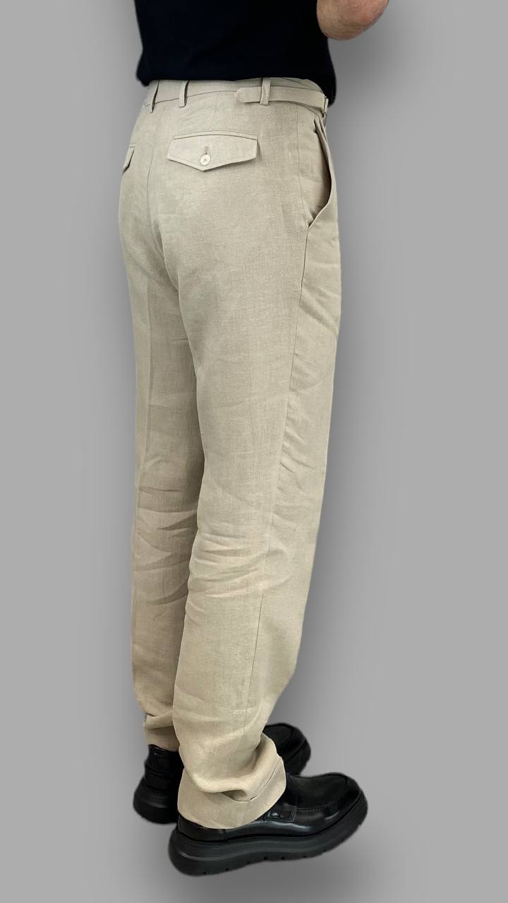 PANTALONE DA ABITO IN 100%LINO TASCA AMERICA GAMBA AMPIA CON RISVOLTO - RELAXED FIT