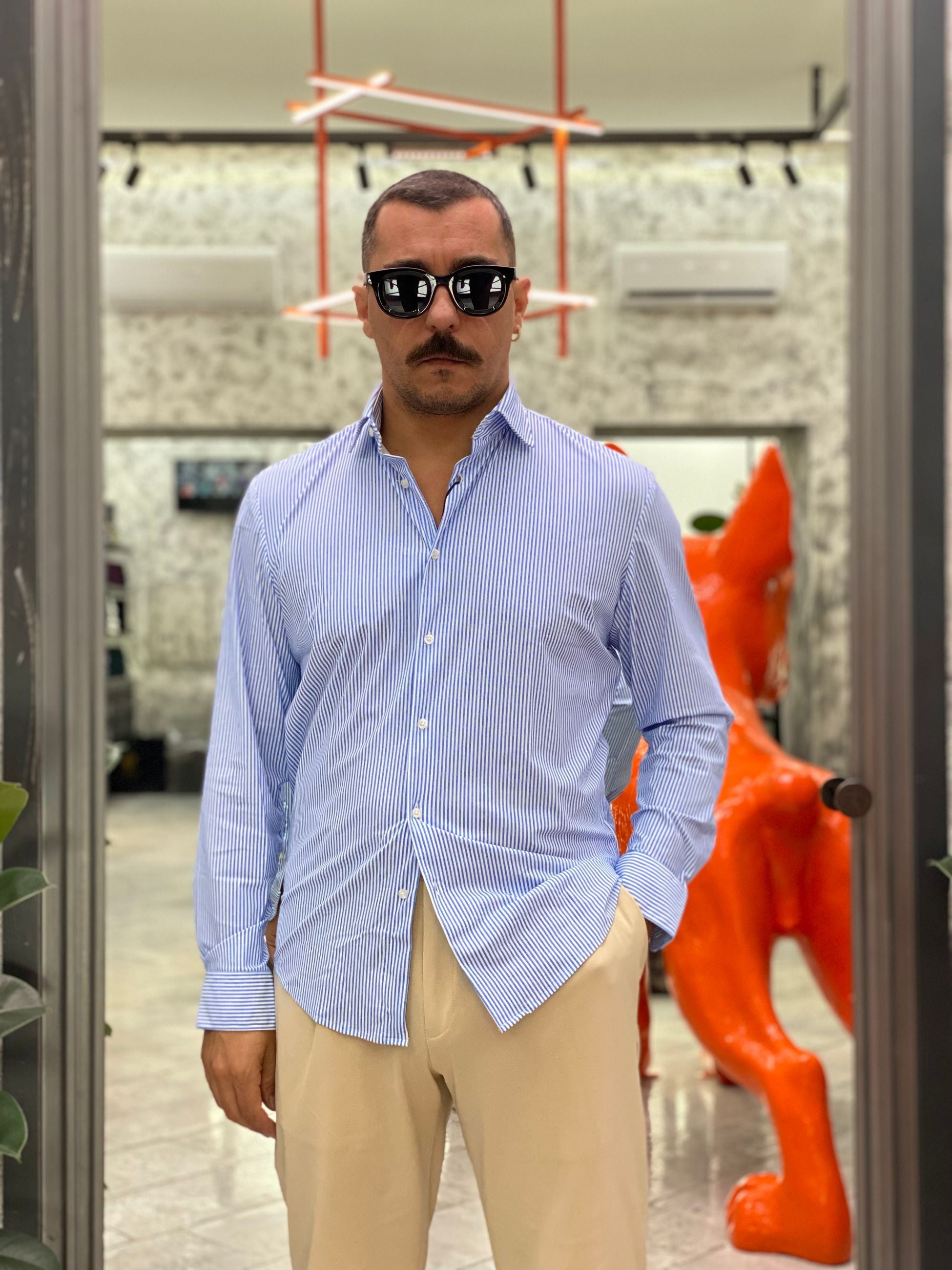 CAMICIA NO STIRO IN TESSUTO PREMIUM FANTASIA RIGHE FIAMMATE - REGULAR FIT FIO3042NY.AZZ