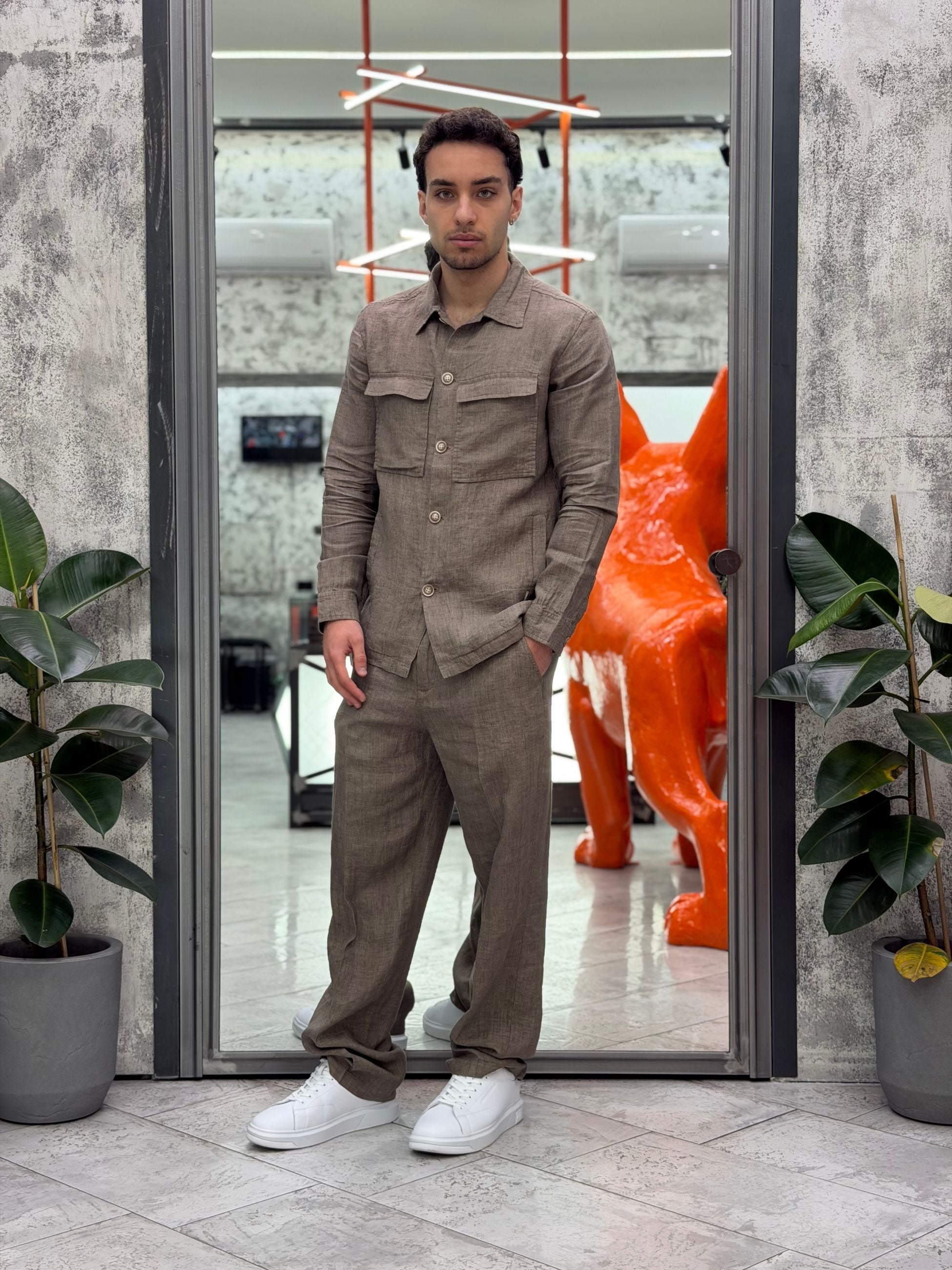 PANTALONE TASCA AMERICA DA COMPLETO IN 100% LINO - REGULAR FIT GL5211BD.MUD
