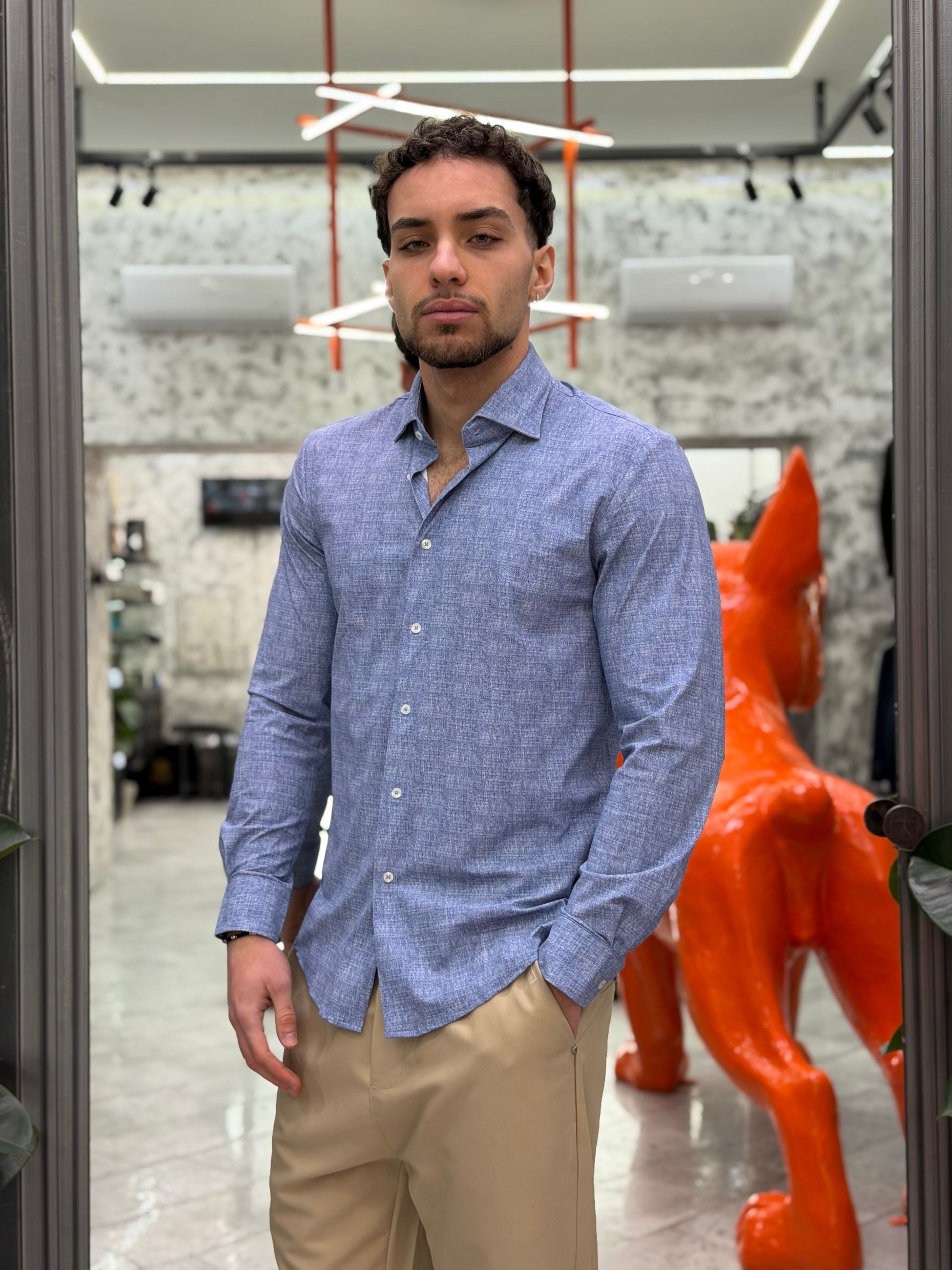 CAMICIA NO STIRO IN TESSUTO PREMIUM ELASTICIZZATO EFFETTO FIAMMATO - REGULAR FIT FIO4016.BLU