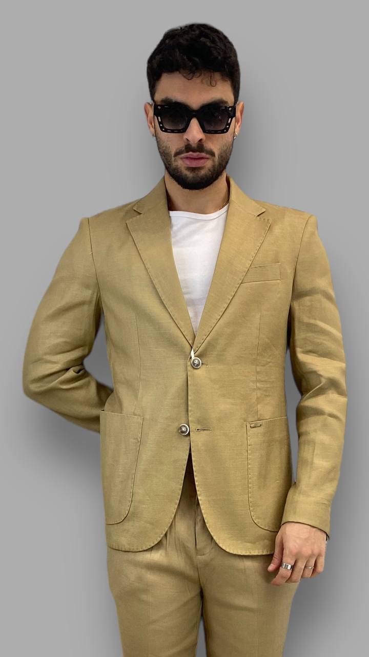 GIACCA DA ABITO MONOPETTO IN MISTO LINO ELASTICIZZATO CON COLLO REVERS E TASCHE A TOPPA - REGULAR FIT