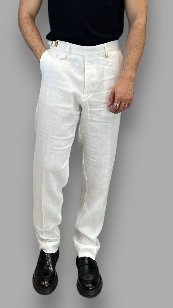 PANTALONE DA ABITO IN 100%LINO TASCA AMERICA GAMBA AMPIA CON RISVOLTO - RELAXED FIT