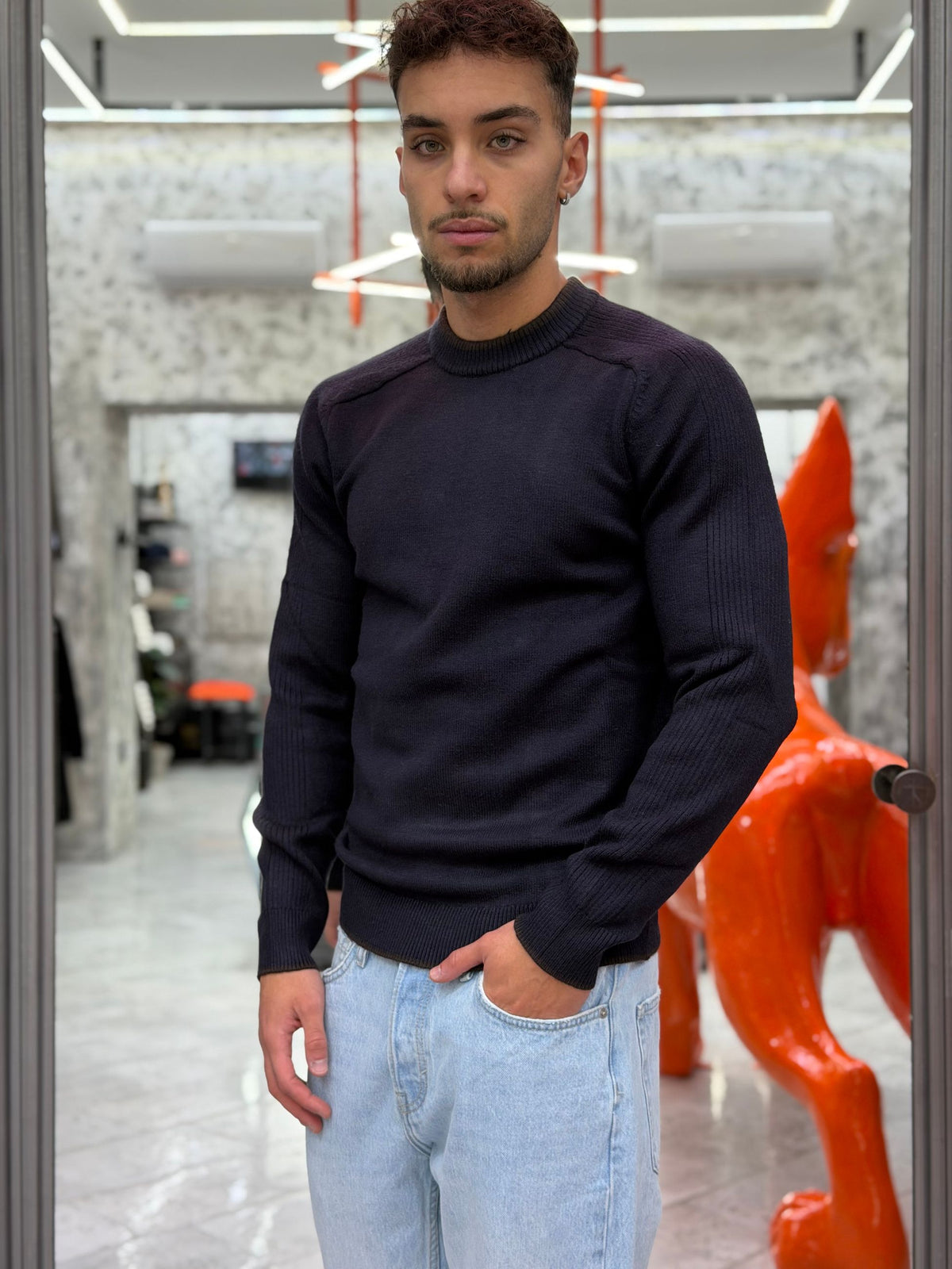 MAGLIA GIROCOLLO IN MORBIDA VISCOSA CON PROFILI IN CONTRASTO - REGULAR FIT MI3364SS.BLU