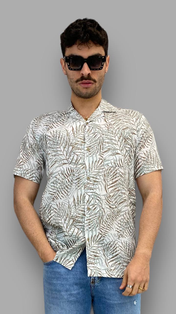 CAMICIA HAWAIANA IN MISTO LINO MEZZA MANICA FANTASIA PALME - REGULAR FIT