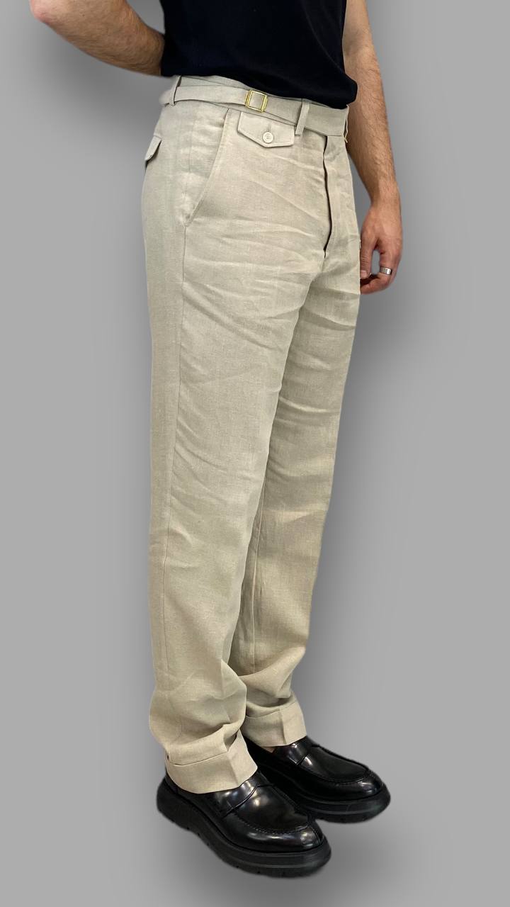 PANTALONE DA ABITO IN 100%LINO TASCA AMERICA GAMBA AMPIA CON RISVOLTO - RELAXED FIT