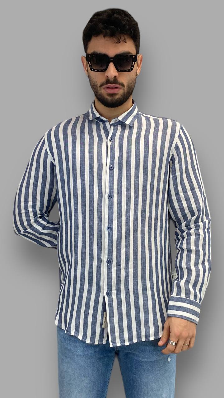 CAMICIA A RIGHE CON COLLO ALL'ITALIANA IN 100% LINO - REGULAR FIT