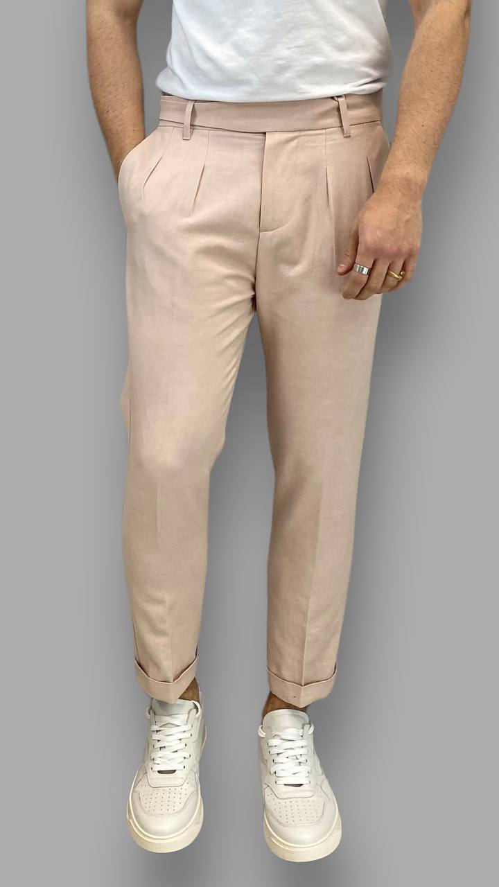 PANTALONE SARTORIALE DA ABITO IN PREGIATO TESSUTO MISTO LINO - REGULAR FIT