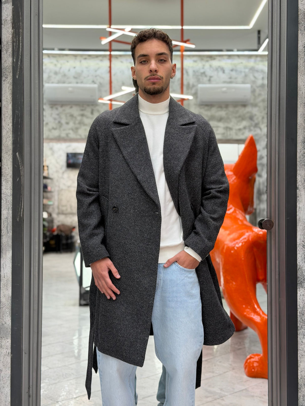 CAPPOTTO DOPPIOPETTO CON CINTURA IN PANNO RESCA - OVERSIZE FIT MK2940604