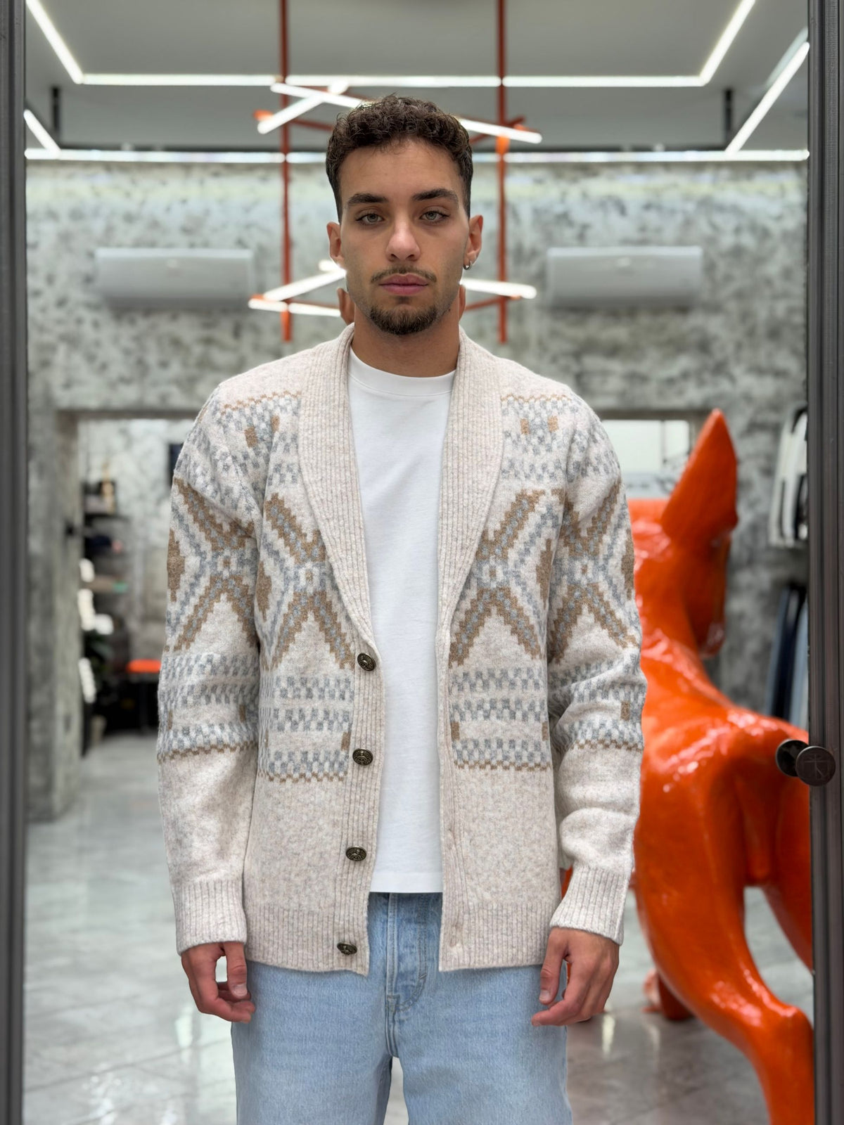 CARDIGAN FINEZZA 7 MOULINE' JACQUARD ETNICO - REGULAR FIT MK2900074.LAT