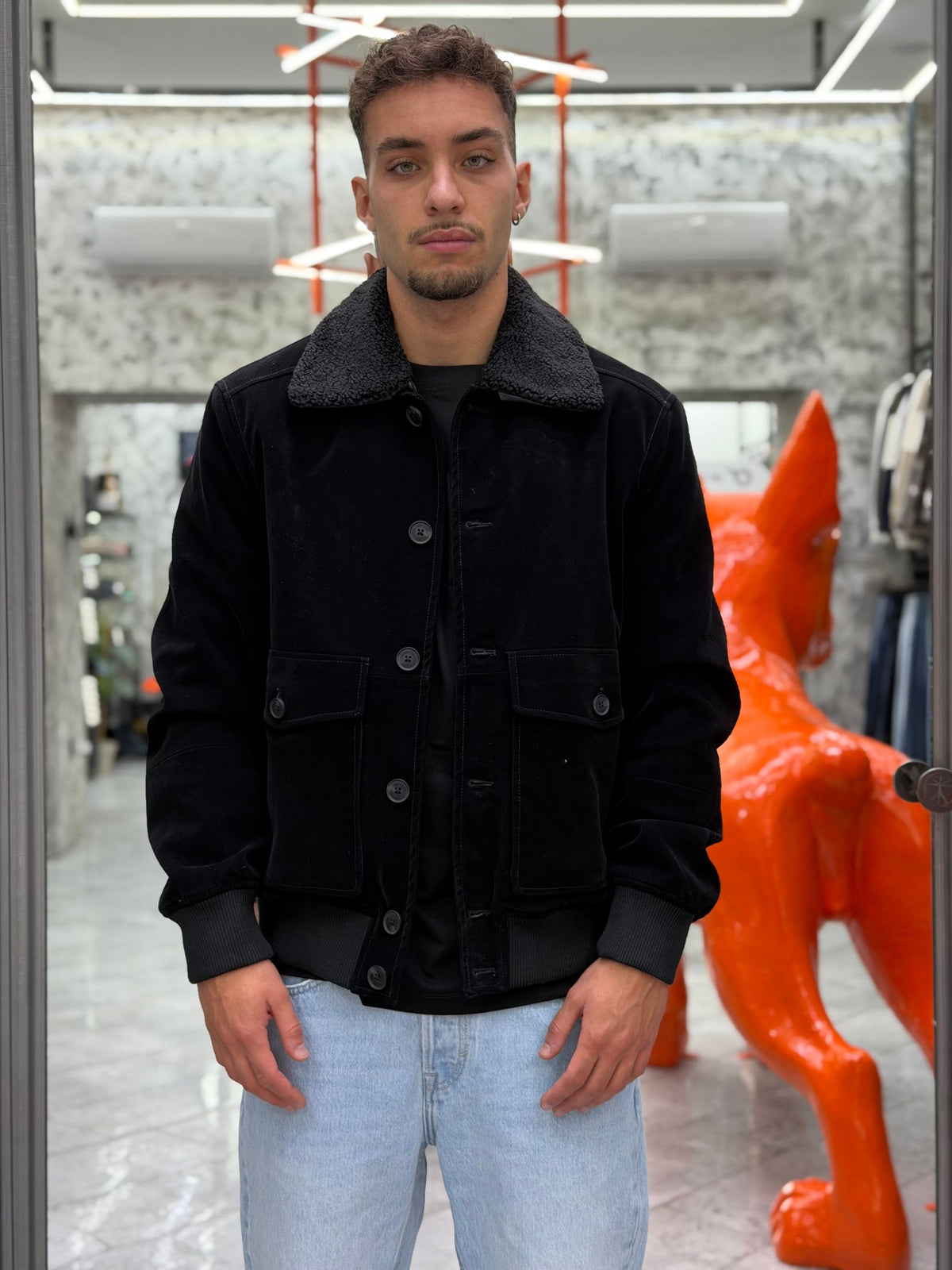 GIUBBINO ECOPELLE COLLO ECOPELLICCIA REMOVIBILE CON TASCHE ED ELASTICO AL FONDO - REGULAR FIT GL9857.NER