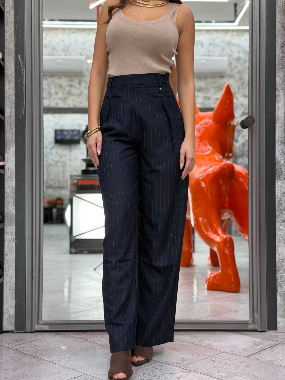 PANTALONE GESSATO DA COMPLETO CON FILO LUREX - WIDE LEG FIT GLD7059PA.BLU