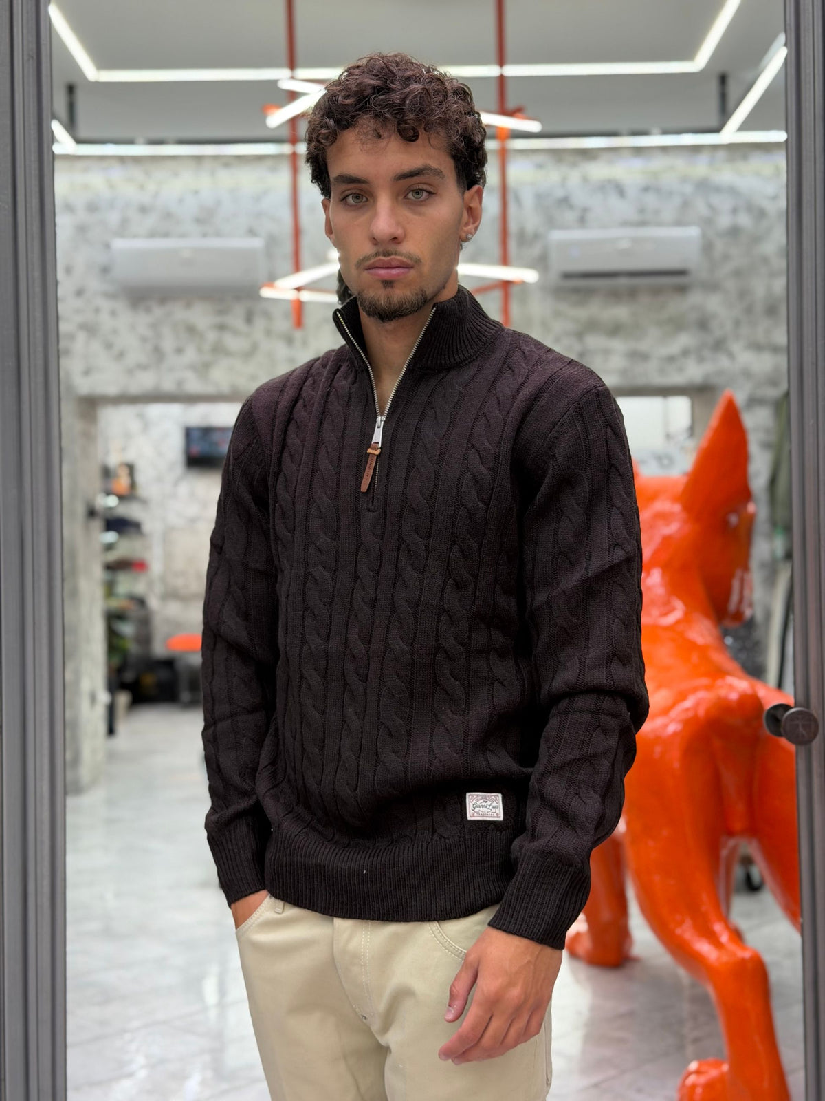 MAGLIA COLLO ALTO MEZZA ZIP IN MISTO LANA CON TRAMA TRECCIA - REGULAR FIT GL35632.COF