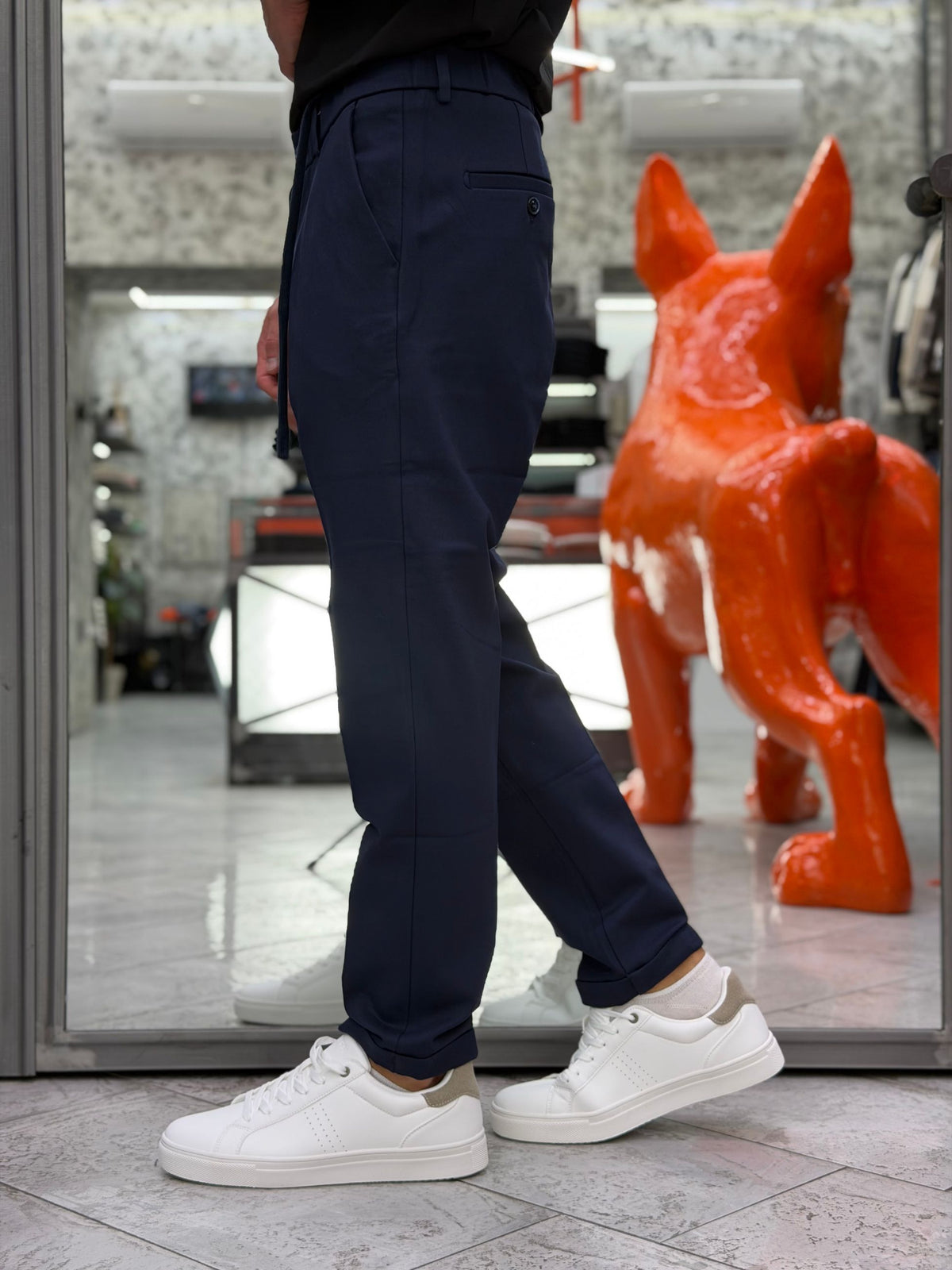 PANTALONE CASUAL IN TESSUTO PUNTO MILANO ELASTICIZZATO CON TASCA AMERICA E RISVOLTO AL FONDO - REGULAR FIT GL5248BD.BLU