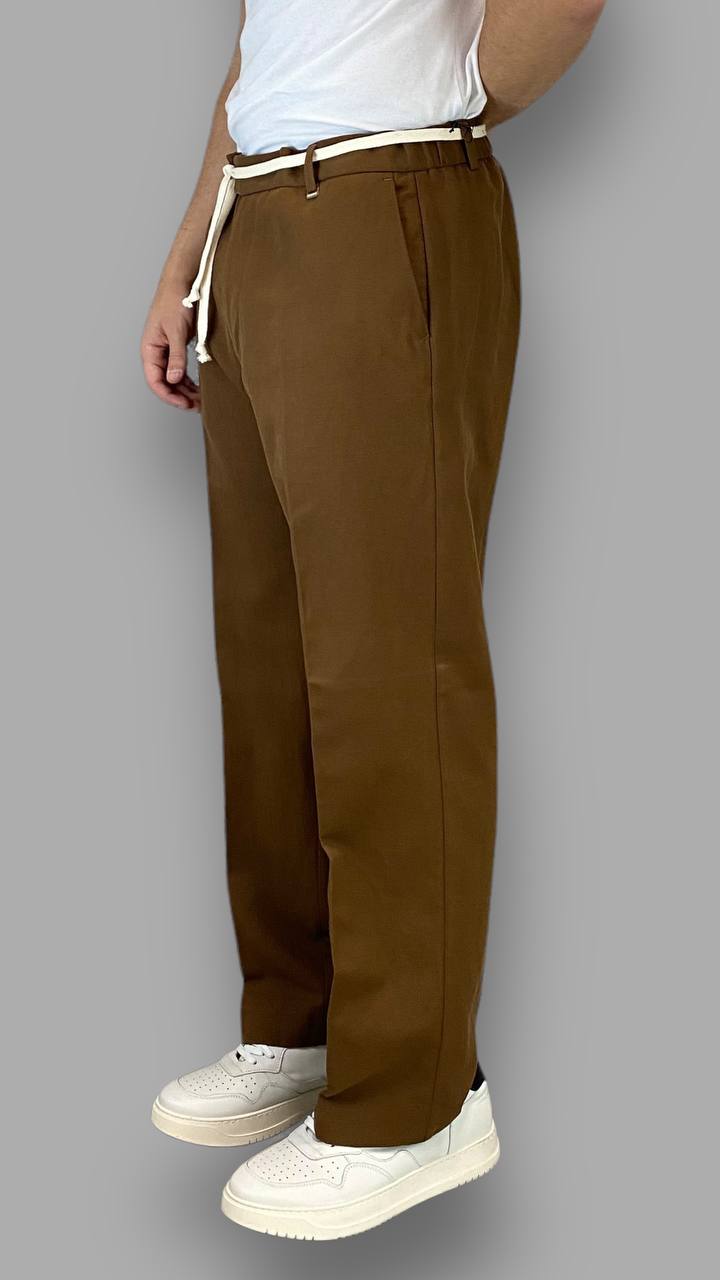 PANTALONE DA ABITO IN MISTO COTONE/LINO GAMBA LARGA CON COULISSE E LACCIO IN VITA - RELAXED FIT