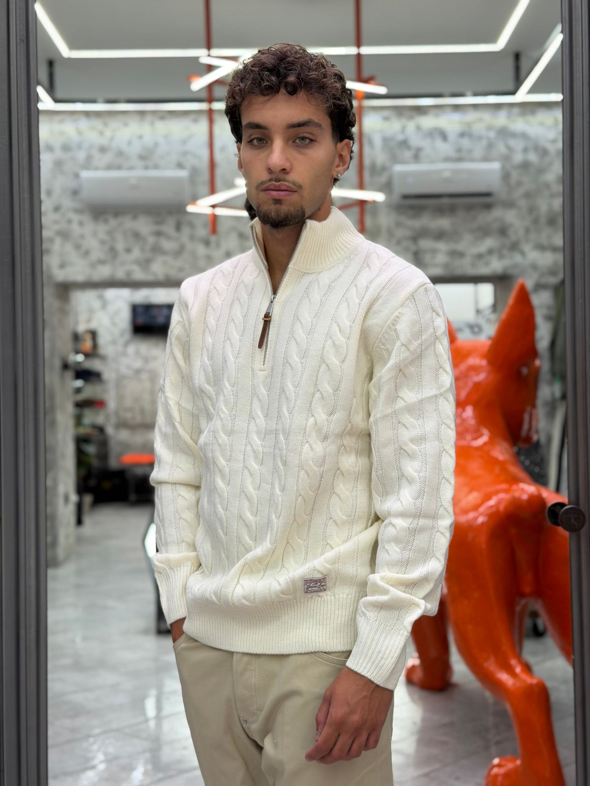 MAGLIA COLLO ALTO MEZZA ZIP IN MISTO LANA CON TRAMA TRECCIA - REGULAR FIT GL35632.PAN