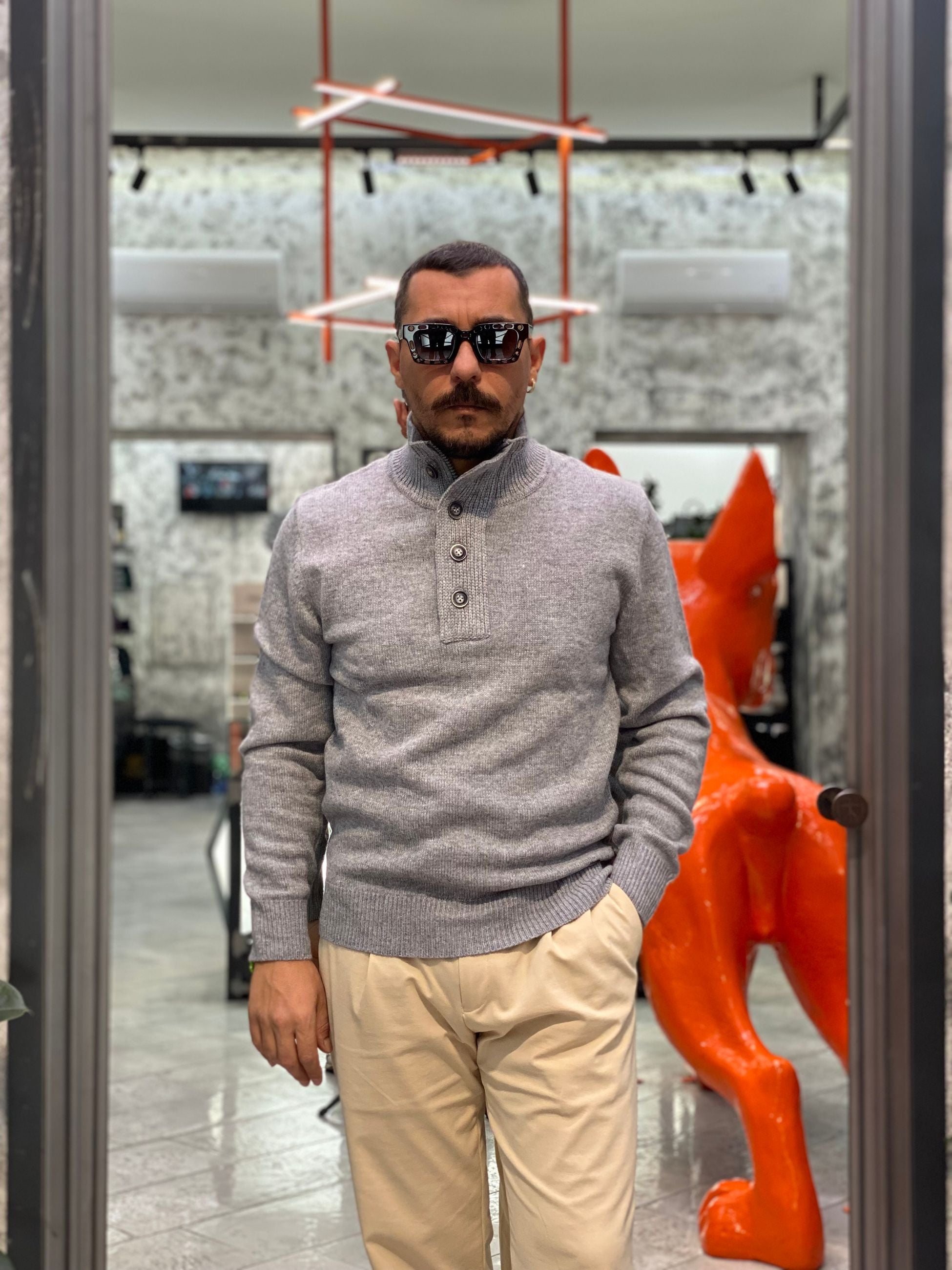MAGLIA MEZZA ZIP CON BOTTONI IN MISTO LANA - REGULAR FIT GL35078-F25.GRI