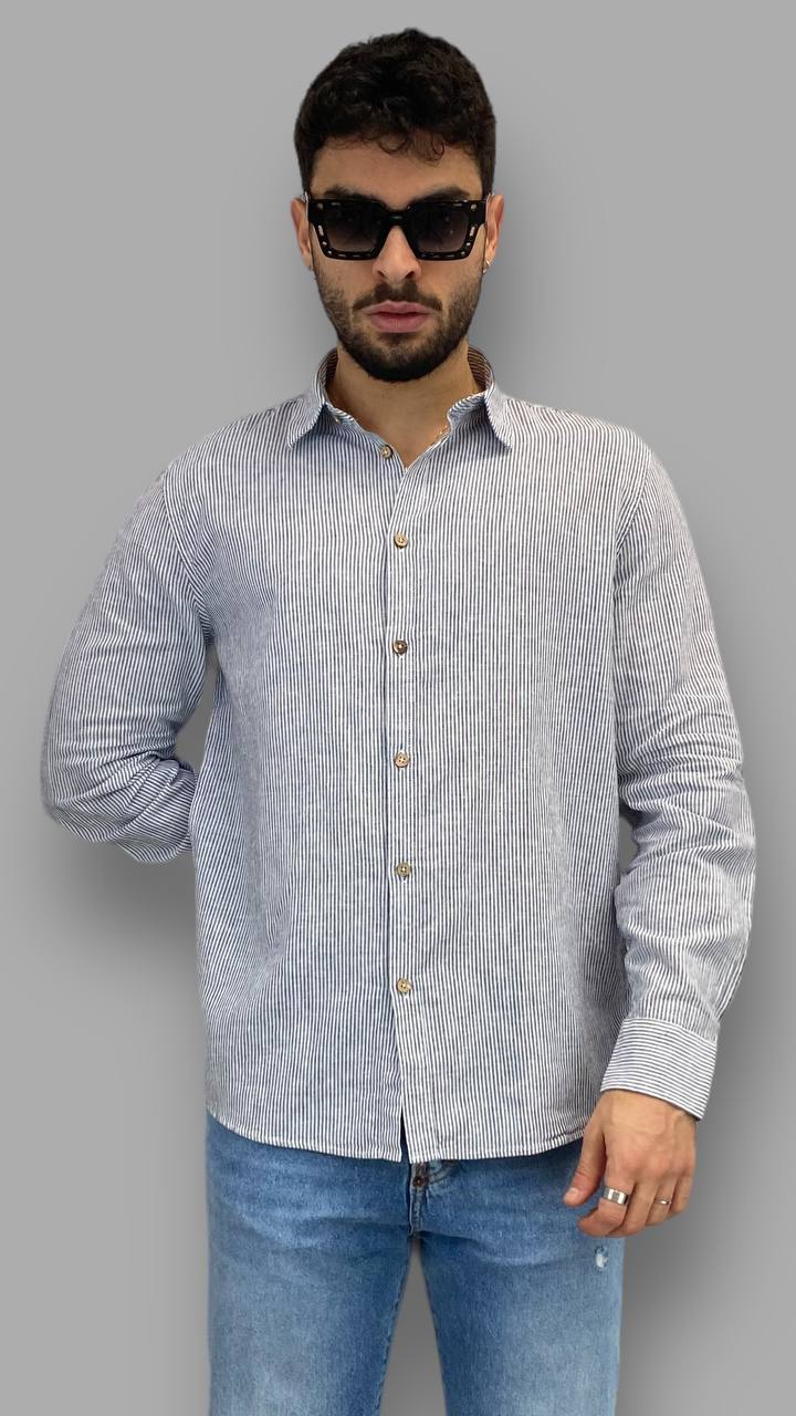 CAMICIA A RIGHE STRETTE IN MISTO LINO/COTONE - REGULAR FIT