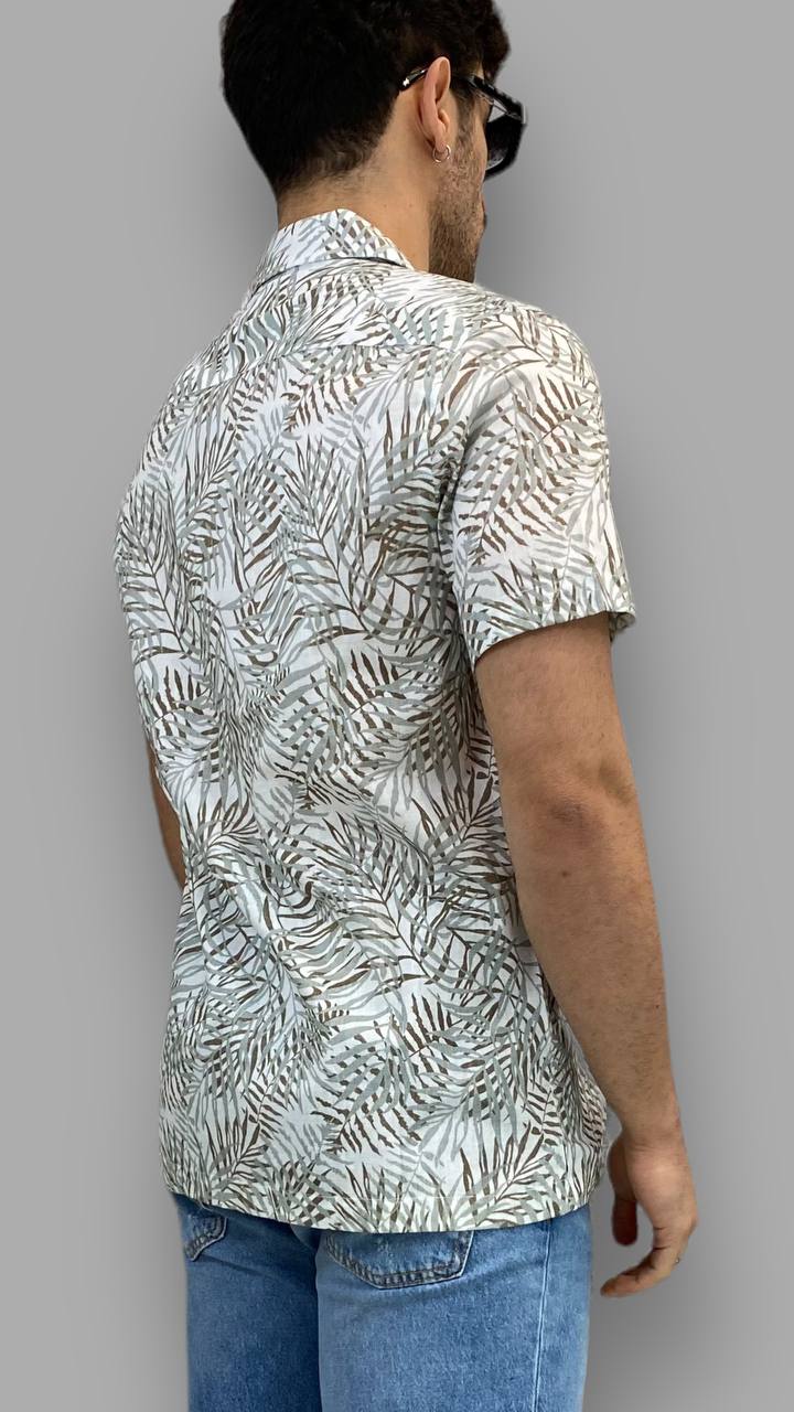 CAMICIA HAWAIANA IN MISTO LINO MEZZA MANICA FANTASIA PALME - REGULAR FIT