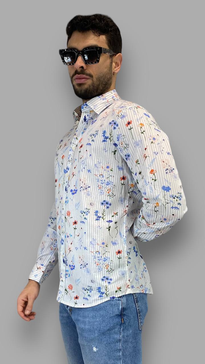 CAMICIA IN COTONE ELASTICIZZATO A RIGHE STRETTE CON FANTASIA FIORI - REGULAR FIT