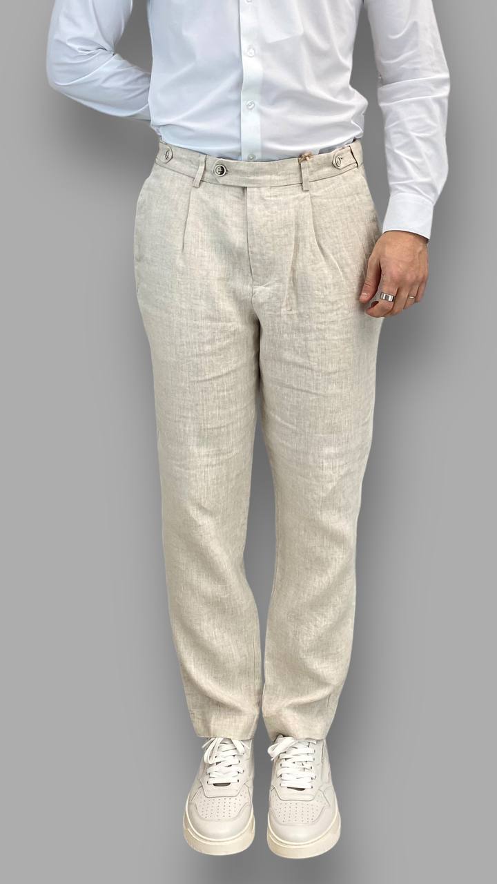 PANTALONE DA ABITO IN 100% LINO TASCA AMERICA  CON PINCE E VITA REGOLABILE - REGULAR FIT