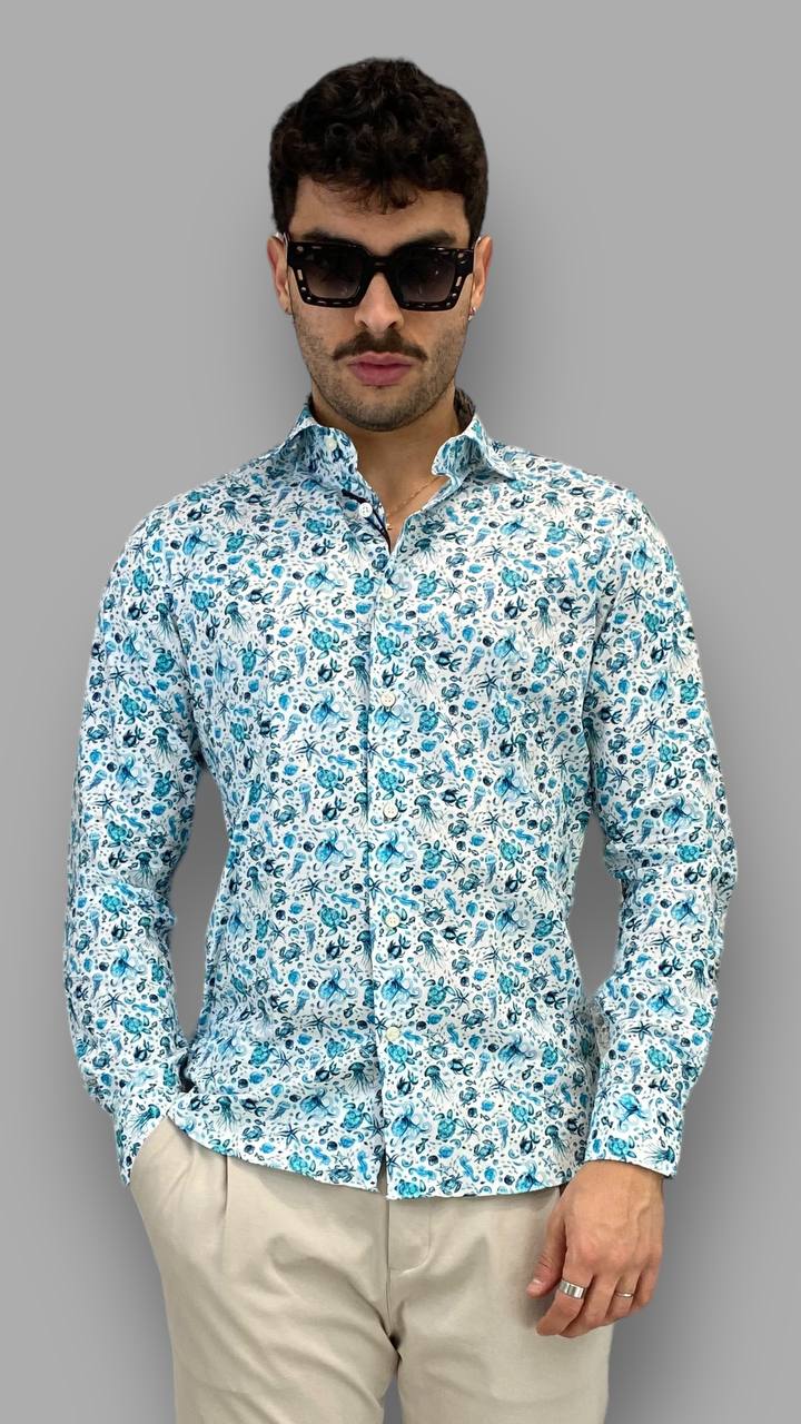 CAMICIA IN PREGIATISSIMO COTONE ELASTICIZZATO CON FANTASIA MARINA - REGULAR FIT