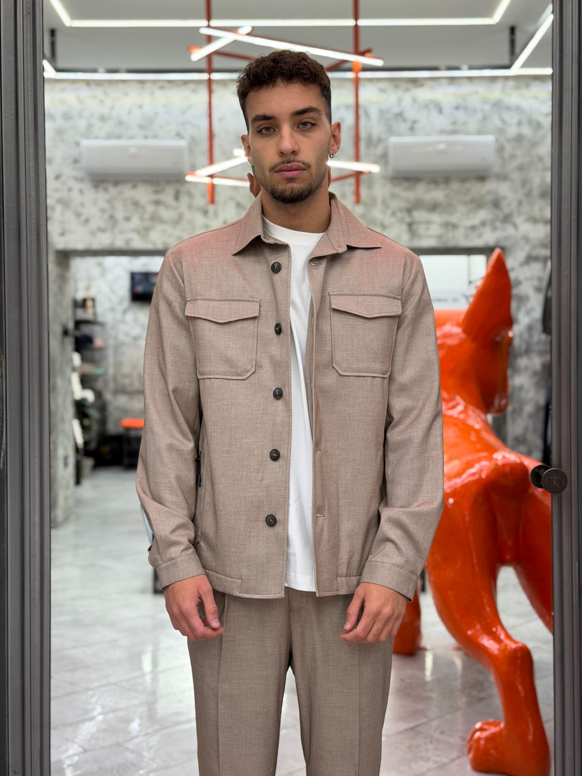 OVERJACKET DA COMPLETO IN TESSUTO ELEGANTE CON TRAPUNTA ALL'INTERNO E TASCHE A TOPPA - REGULAR FIT GBI1151SS.BEI