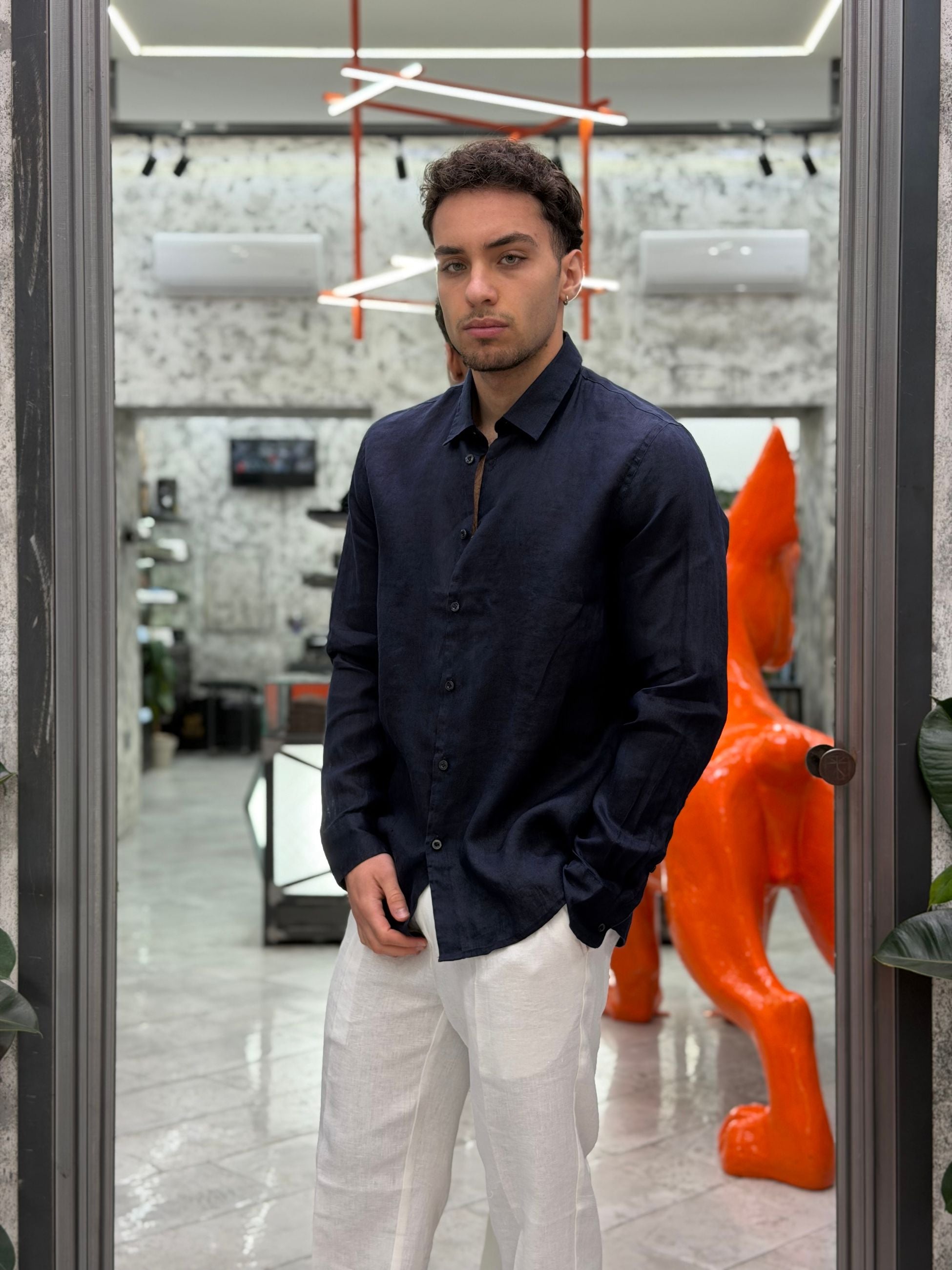 CAMICIA MANICA LUNGA COLLO ALL'ITALIANA IN 100% LINO - REGULAR FIT CE1081SS.BLU