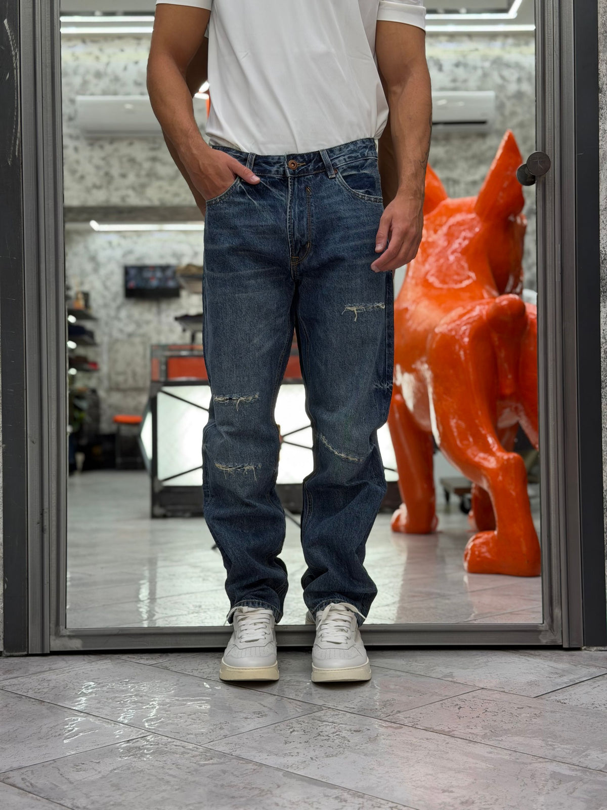 JEANS ALEX DARK WASH IN TELA FISSA CON TAGLI - STRAIGHT LEG GL6536Q