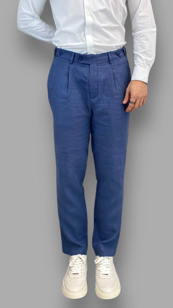 PANTALONE DA ABITO IN 100% LINO TASCA AMERICA  CON PINCE E VITA REGOLABILE - REGULAR FIT