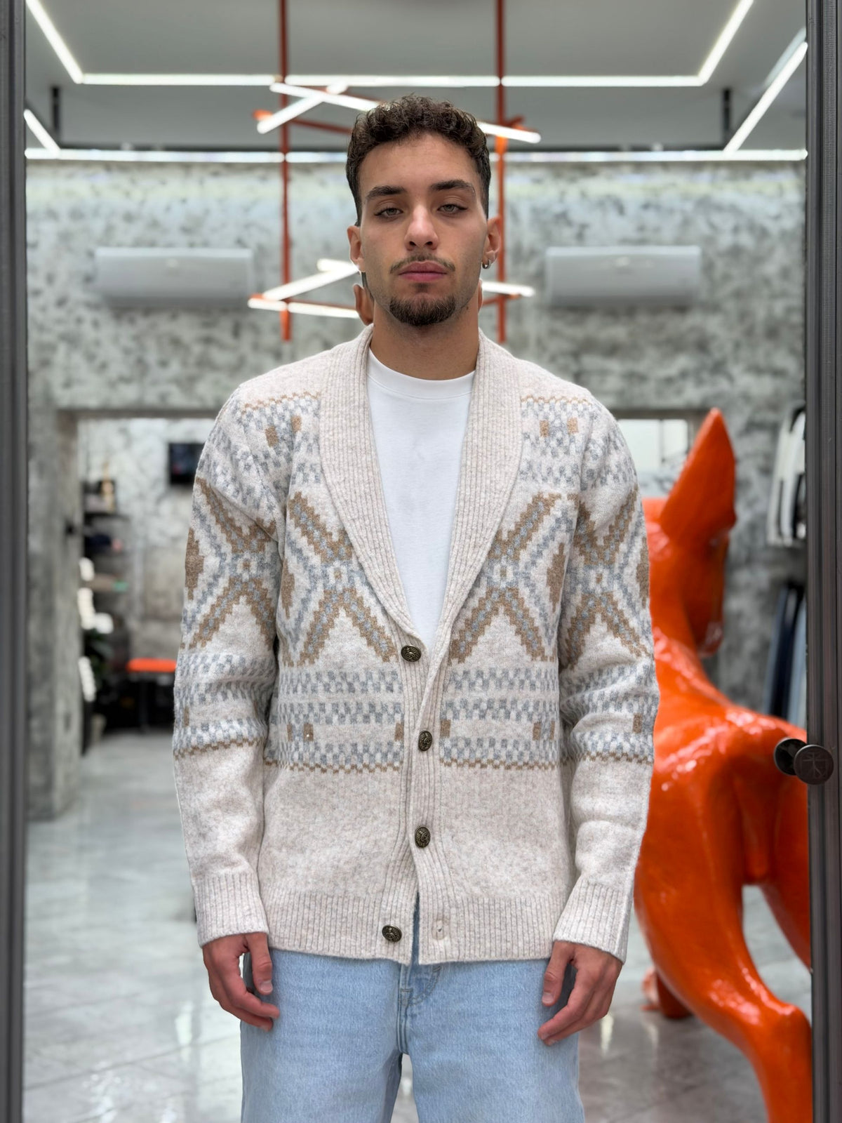 CARDIGAN FINEZZA 7 MOULINE' JACQUARD ETNICO - REGULAR FIT MK2900074.LAT