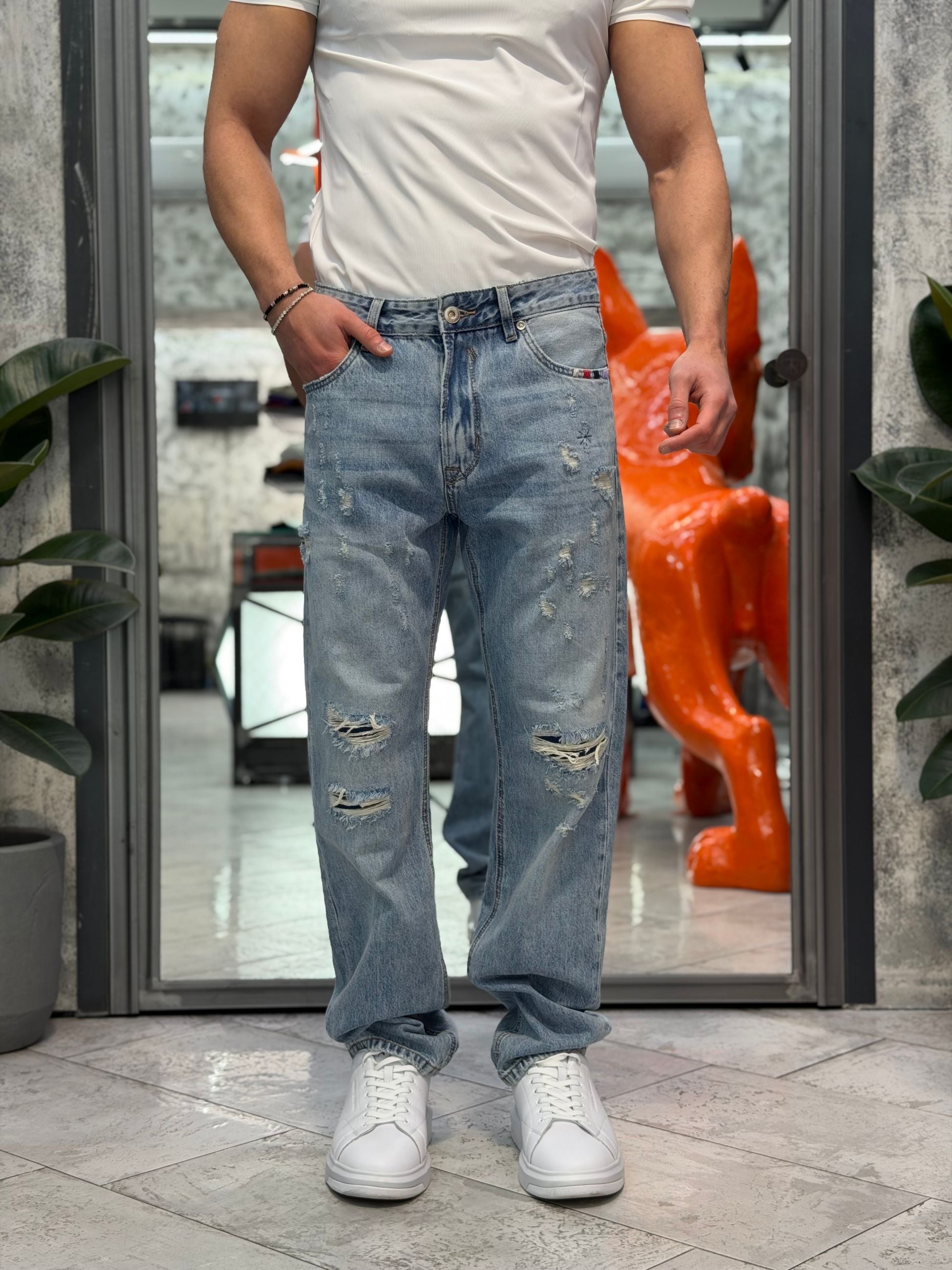 JEANS ALEX CON ABRASIONI E RICAMI COLORATI SULLA TASCA - STRAIGHT LEG (GAMBA DRITTA) GL6511Q