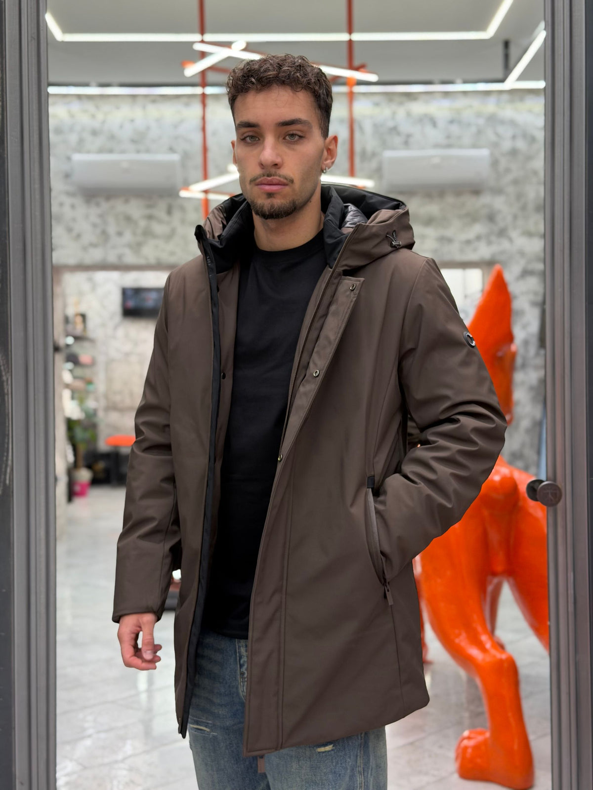 PARKA LUNGO CON CAPPUCCIO IN TESSUTO TECNICO WATERPROOF & WINDPROOF - REGULAR FIT MK24007-26.MOR