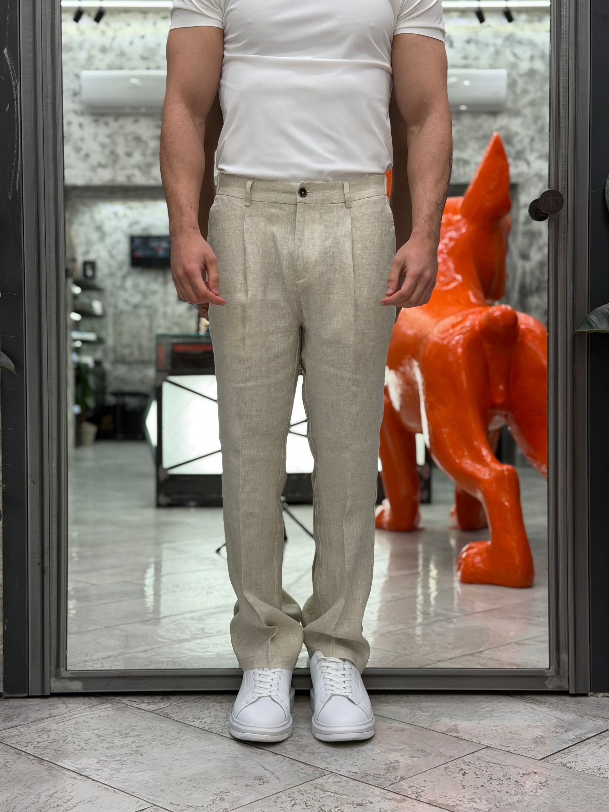 PANTALONE IN 100% LINO DA COMPLETO TASCA AMERICA CON COULISSE IN VITA - REGULAR FIT PSE1502SS.BEI