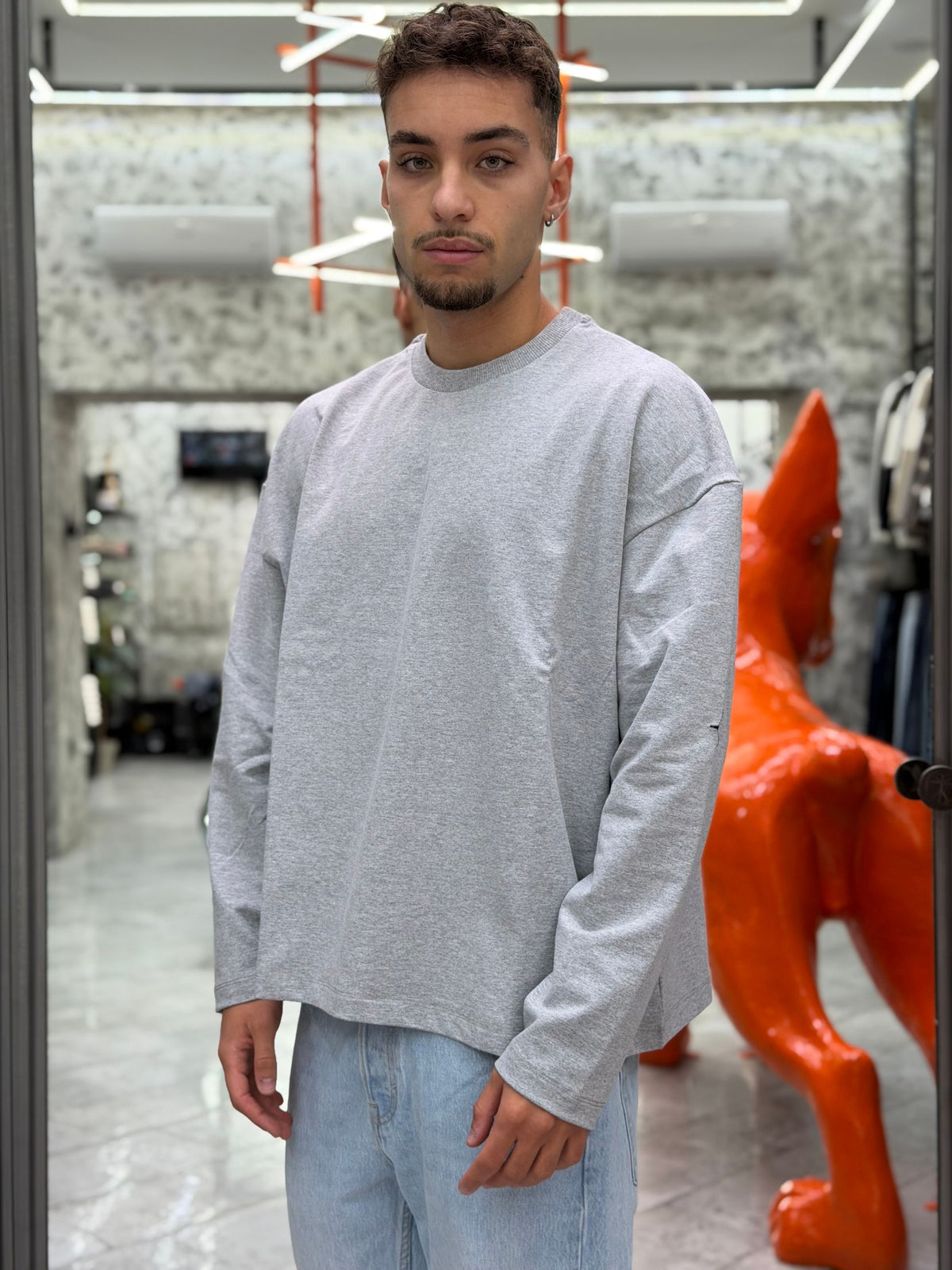 MAGLIA LONG SLEEVE IN FELPA LEGGERA CON RICAMI SULLE BRACCIA - BIG OVERCROP FIT FL004.GRI